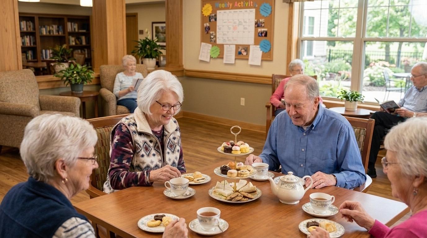 Older adults socialize and take part in group activities in a senior living community.