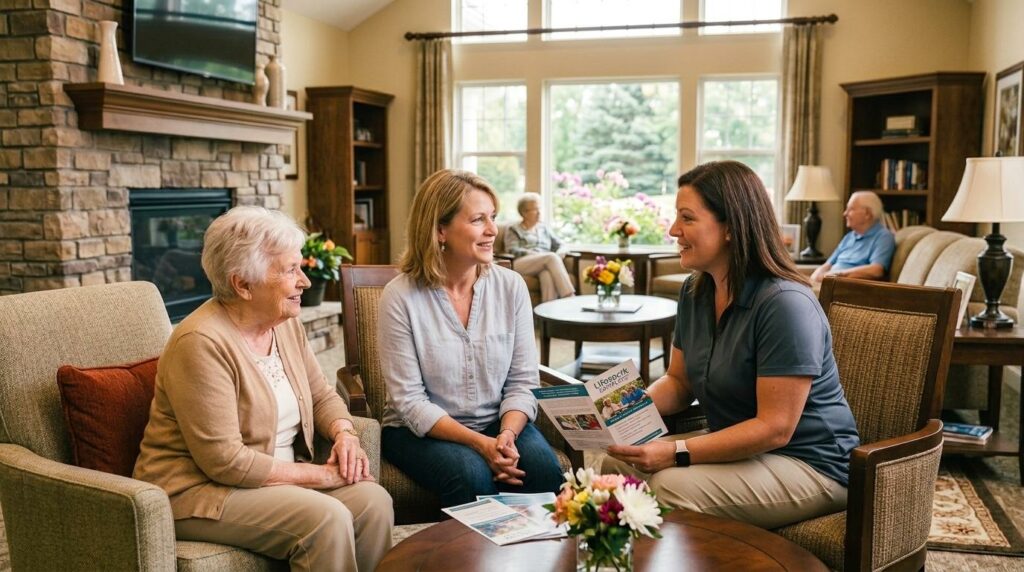 A senior and adult child speak with staff during an assisted living community tour.