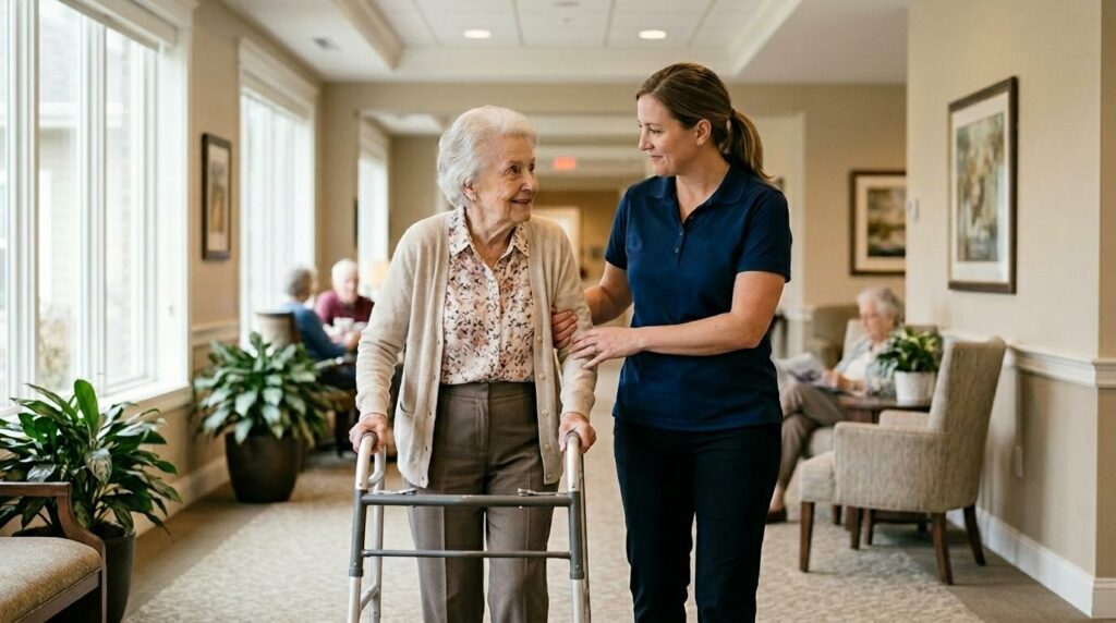A compassionate caregiver helps a senior who is using a walker navigate a corridor in a senior living community.