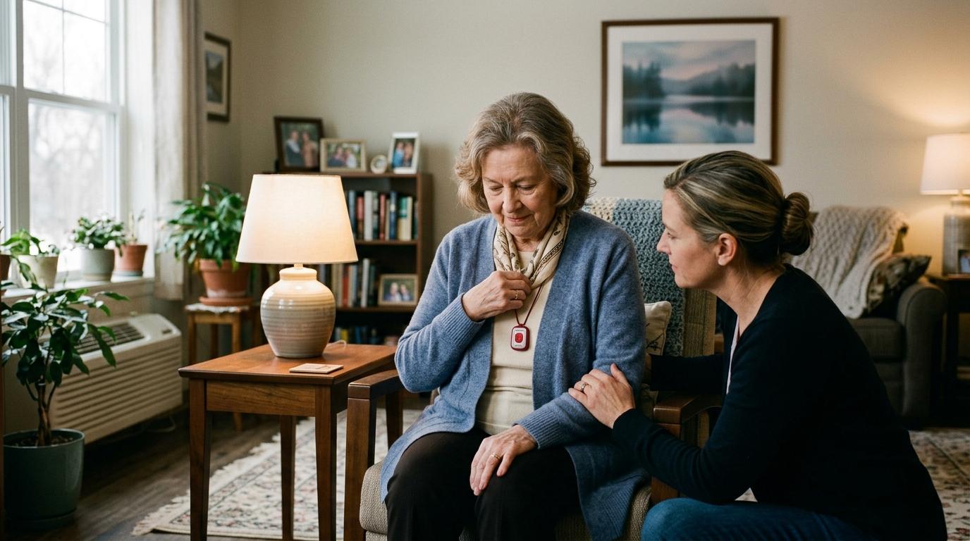 A senior sits in a chair, looking concerned, while clutching her medical alert pendant as another woman consoles her.